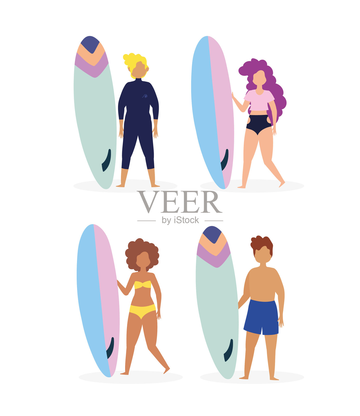 穿着泳衣和冲浪板的人聚在一起插画图片素材