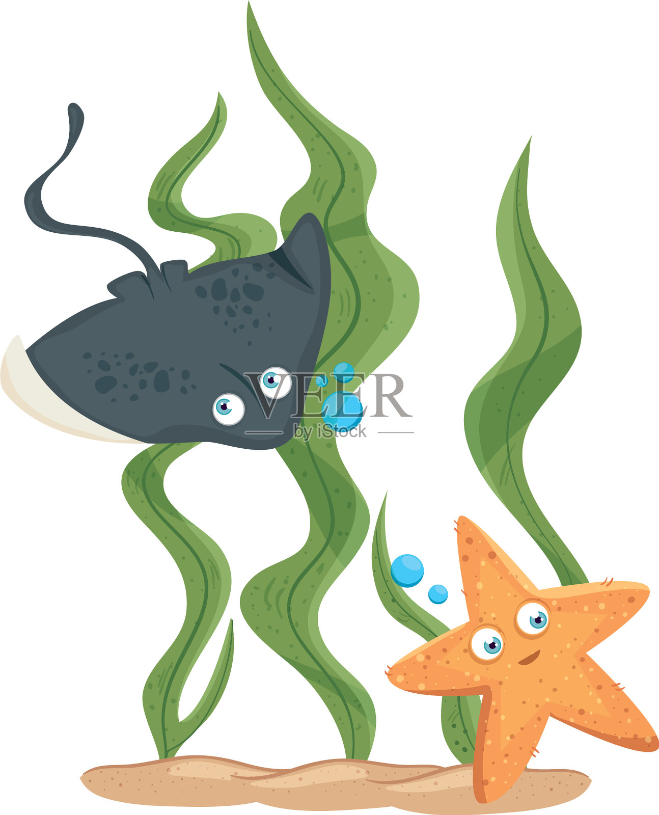 海洋水下生活黄貂鱼与海星设计元素图片