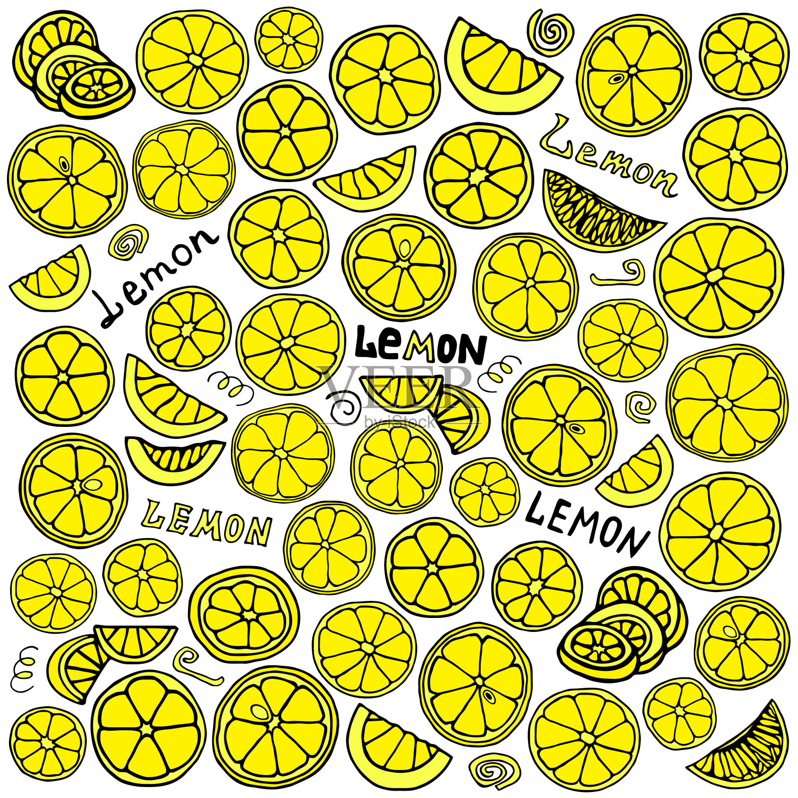 明亮的插图与柠檬片的白色背景涂鸦风格。插画图片素材