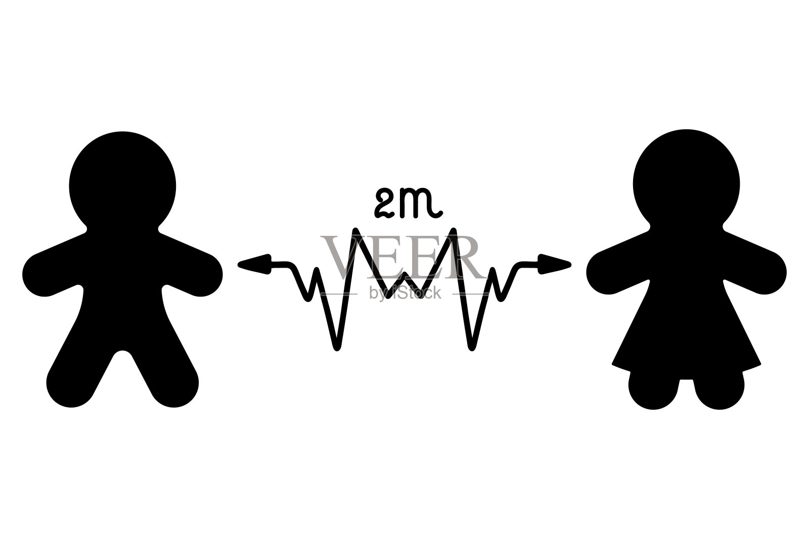 社会距离。人们的剪影，中间插着一支箭。2米的距离。针对新冠肺炎疫情传播采取的措施。矢量图标。孤立的白色背景。医学的话题。网页设计，横幅，印刷的想法。插画图片素材
