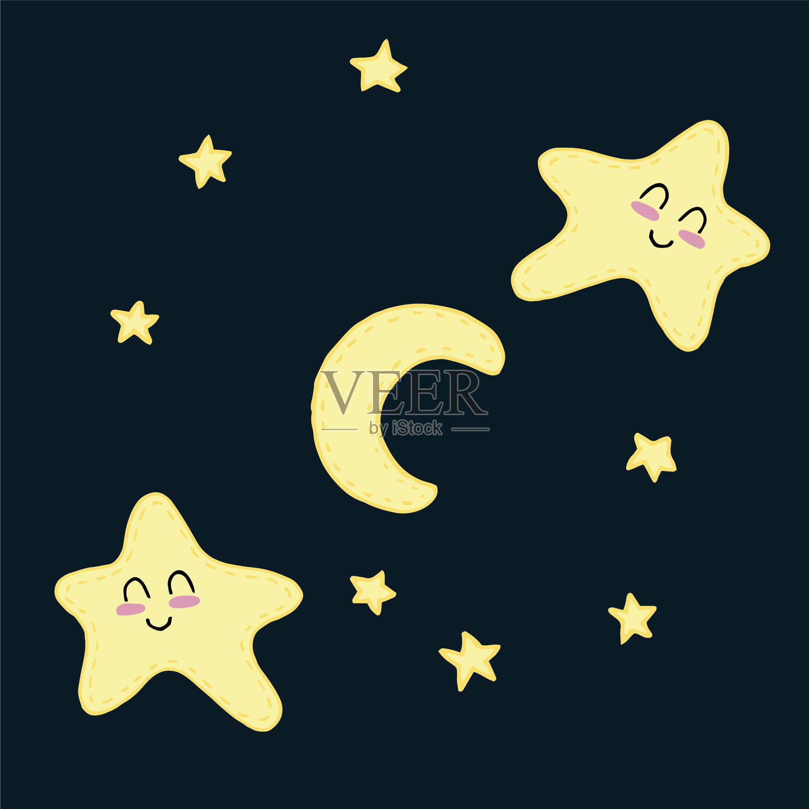 可爱的星星和月亮在天空中睡觉插画图片素材