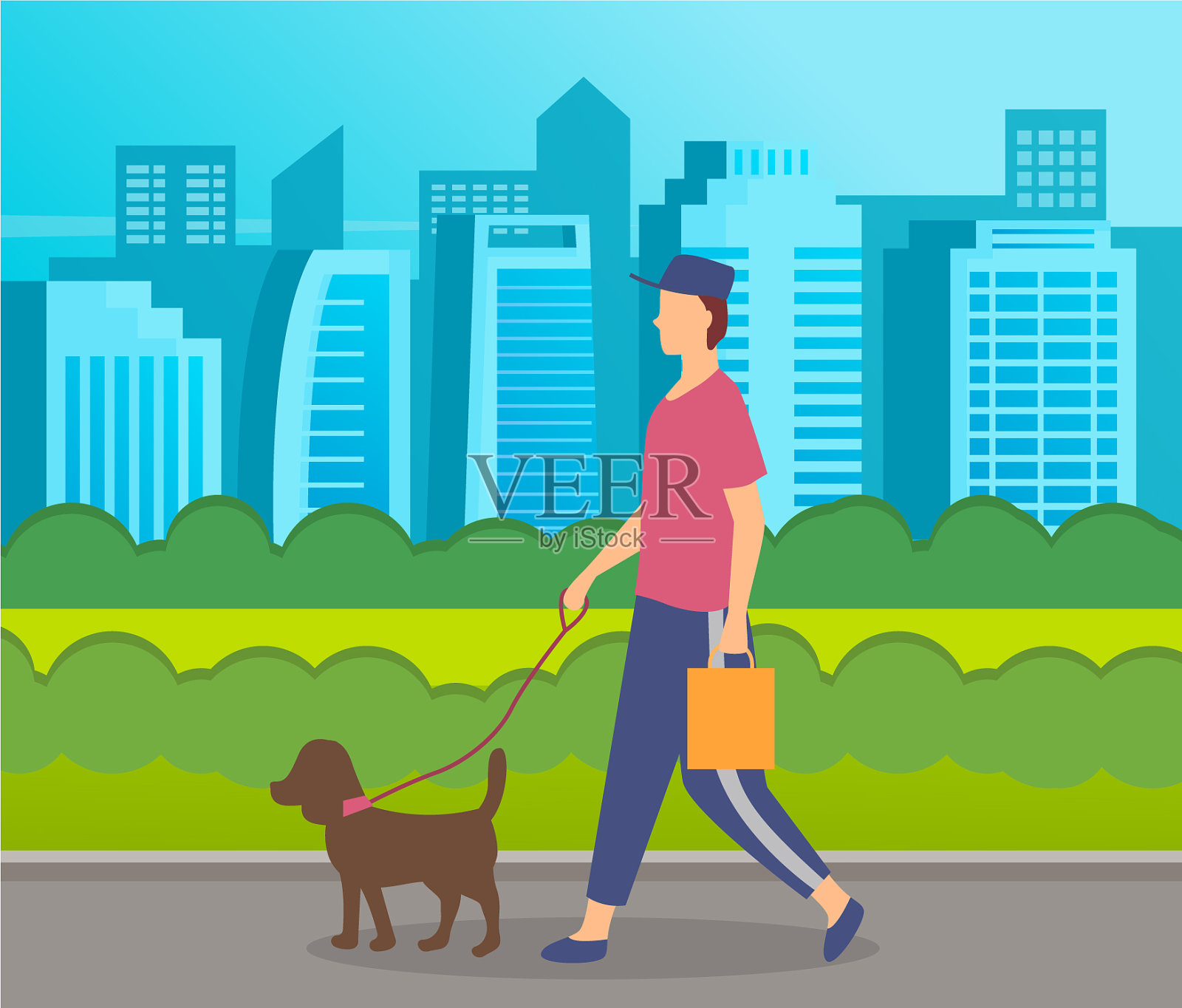 戴着帽子带着包遛狗的时尚男士插画图片素材