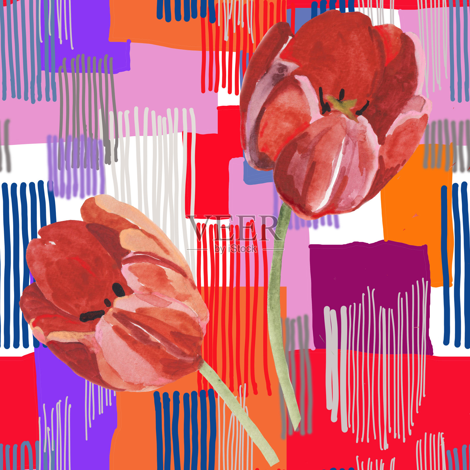 水彩线条纹理与郁金香无缝图案。插画图片素材