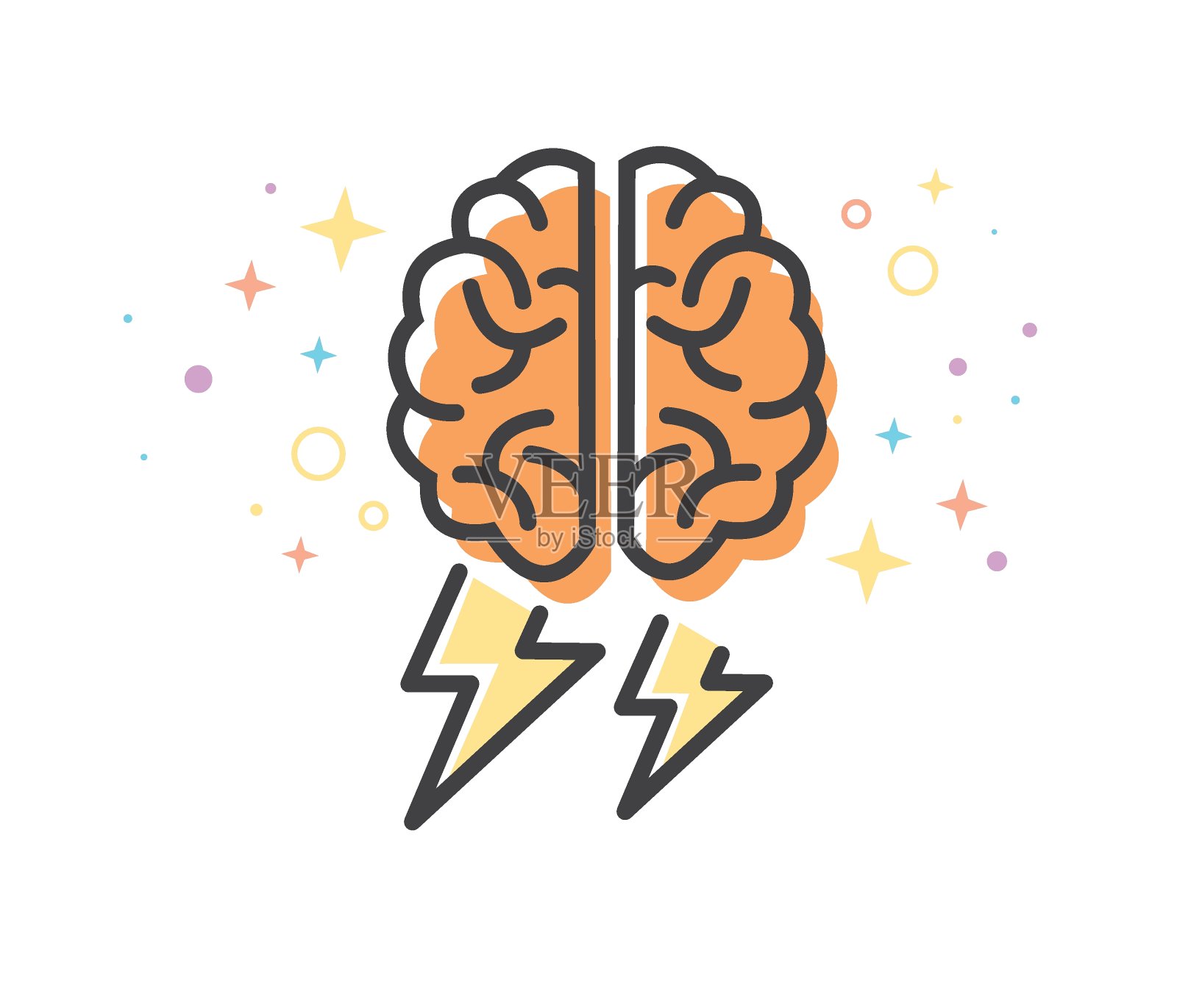 人脑和闪电图标用于头脑风暴技术，以产生创造性的想法。平填充轮廓样式。可编辑的矢量。插画图片素材