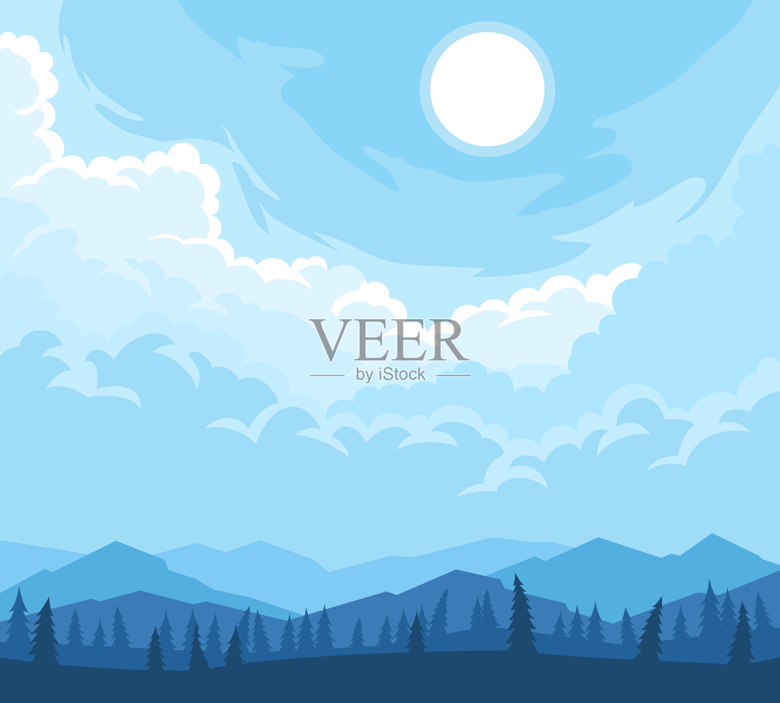 山地景观和树木的剪影在前景插画图片素材