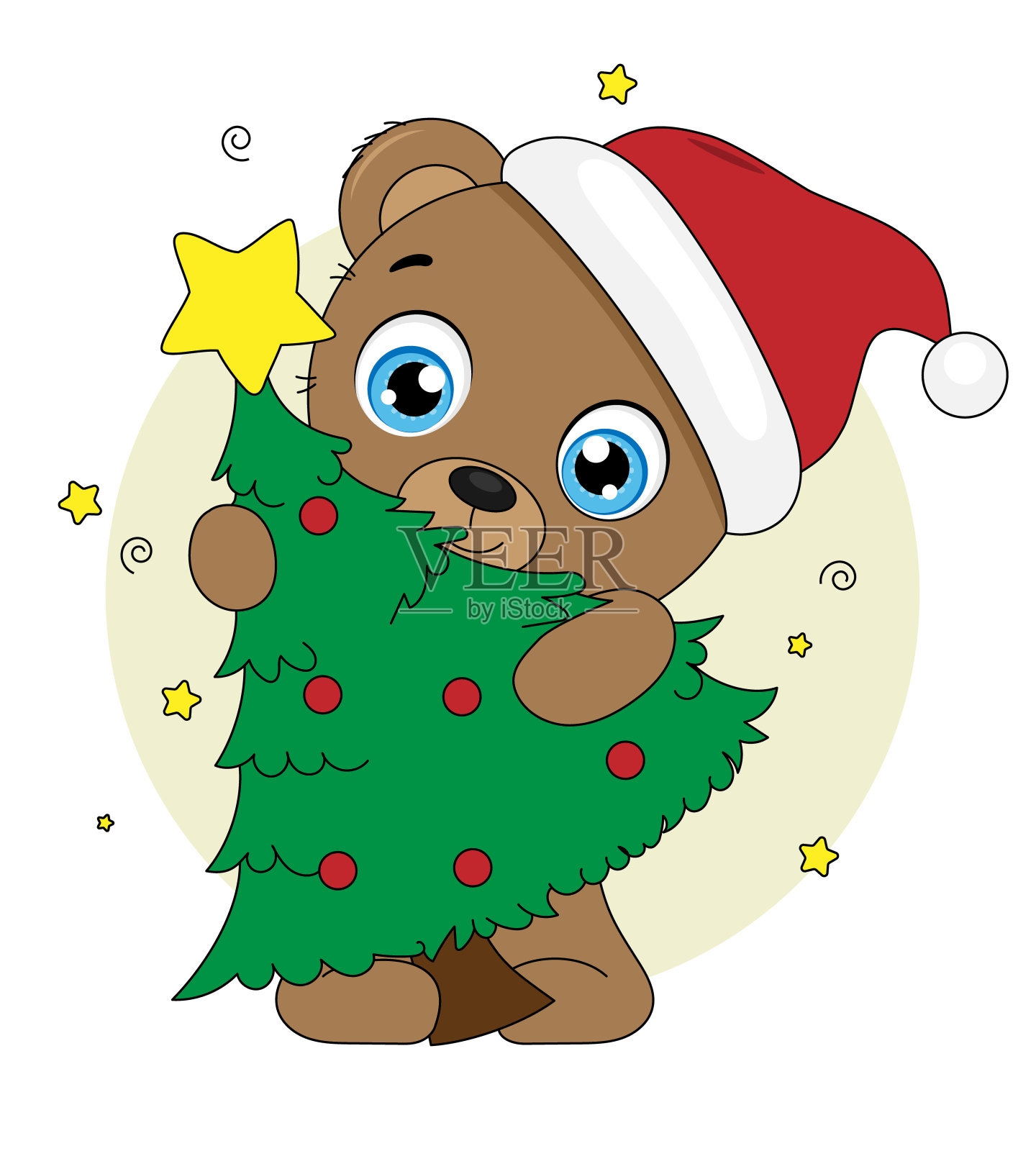 圣诞贺卡。熊带着圣诞老人的帽子和圣诞树插画图片素材