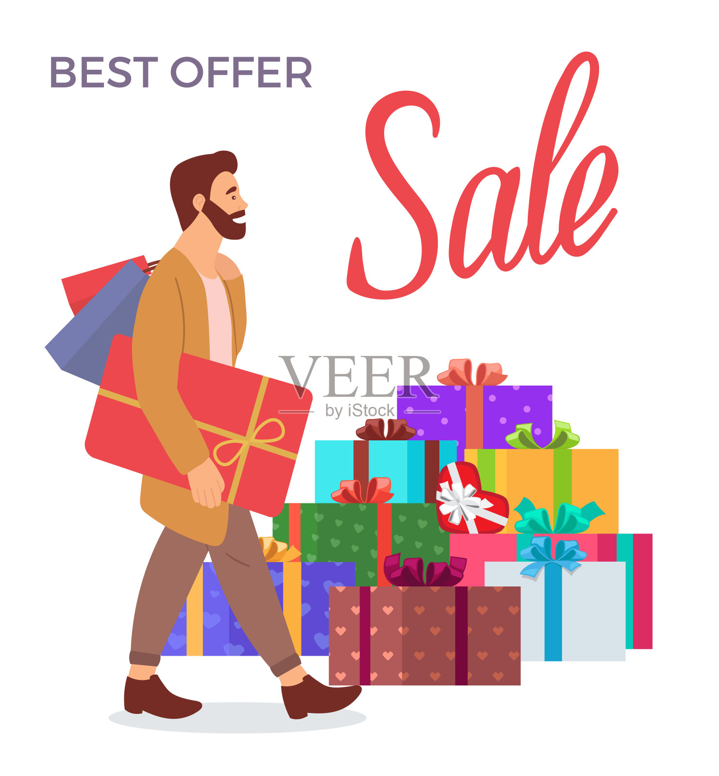 手里拿着礼物的严肃男人。背景上的大礼物盒。霍利迪销售概念设计元素图片