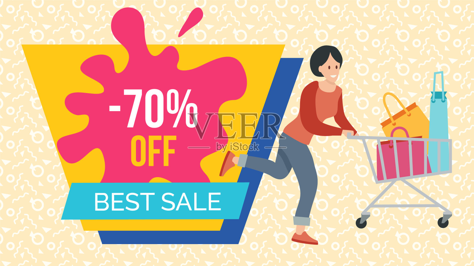 促销和折扣。女人拿着购物袋在购物车里冲去购物设计元素图片