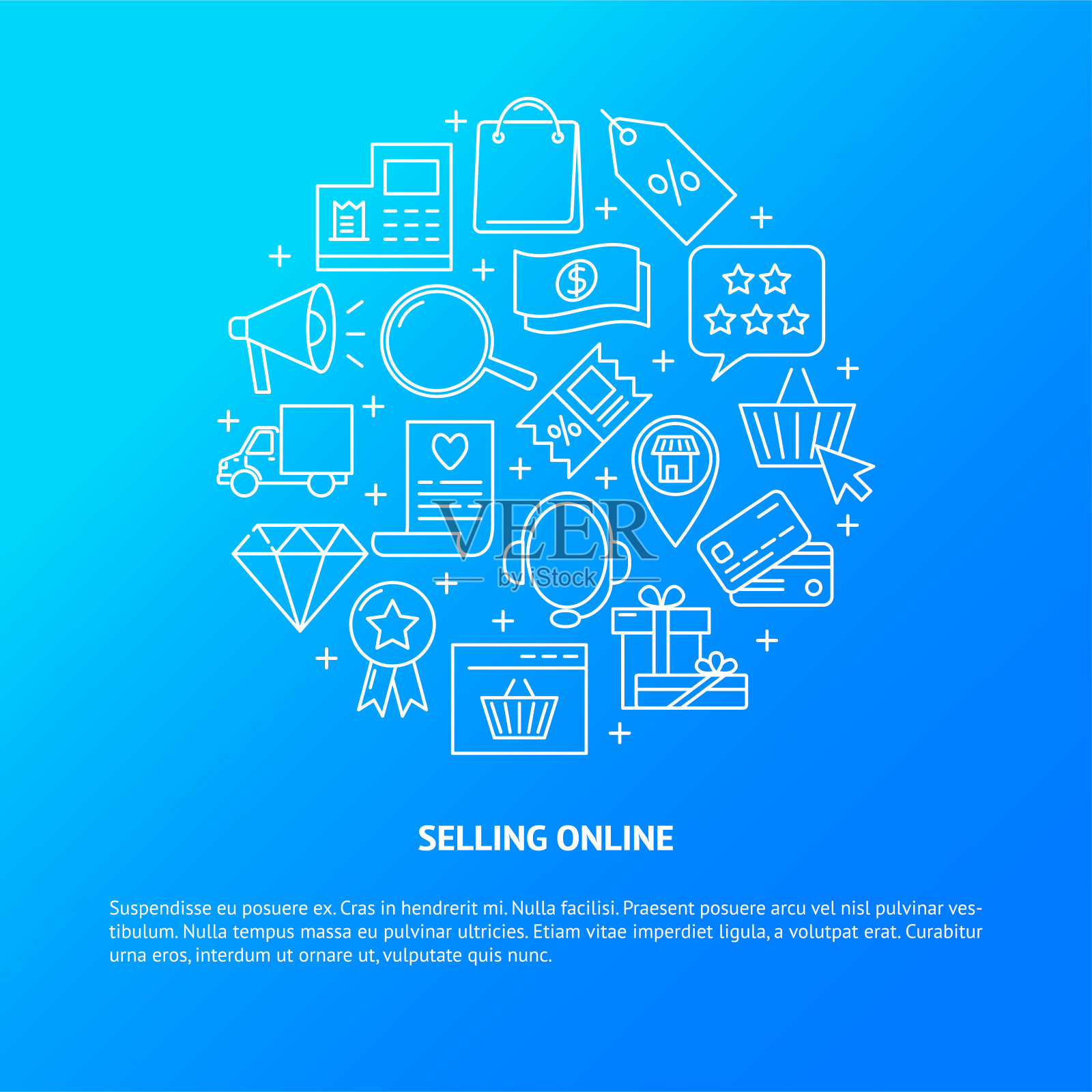 网上商店的圆形横幅在线条风格与文字的地方插画图片素材