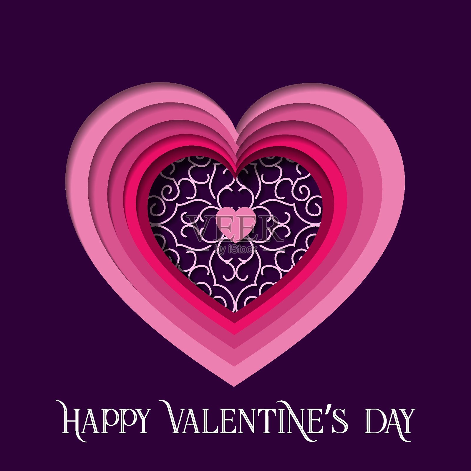 情人节贺卡快乐。矢量插图的庆祝文本和心形在纸剪出风格在紫色的背景。设计模板海报，印刷，横幅，邀请和促销设计模板素材