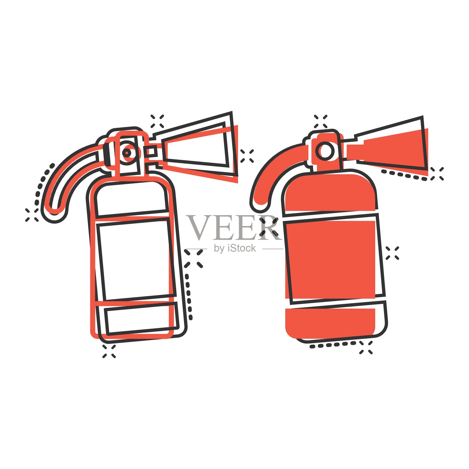 漫画风格的灭火器图标。白色背景上的消防卡通矢量图。紧急飞溅效果商业概念。插画图片素材