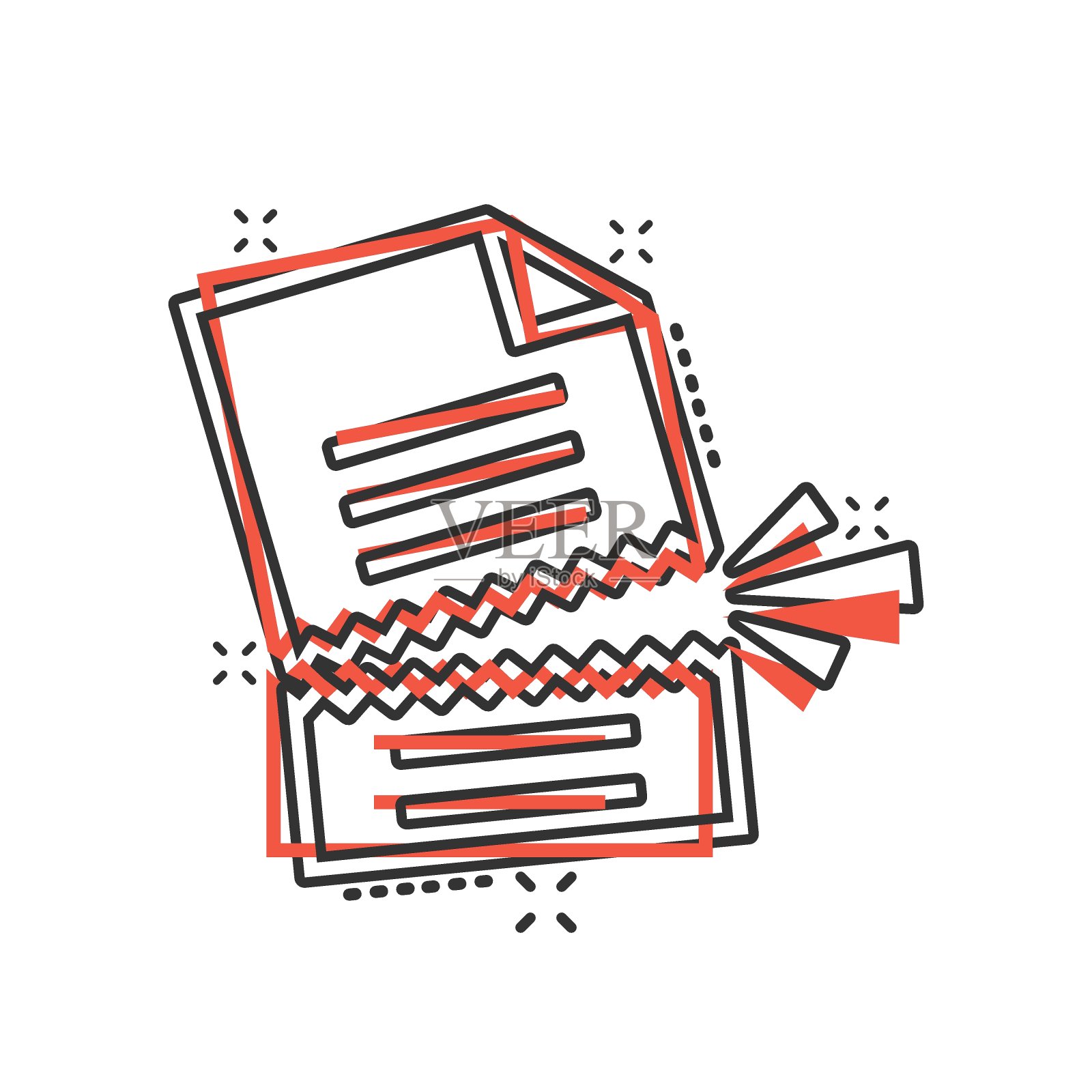 漫画风格的文档错误图标。破碎的报告卡通矢量插图在白色孤立的背景。损坏飞溅效果的经营理念。插画图片素材