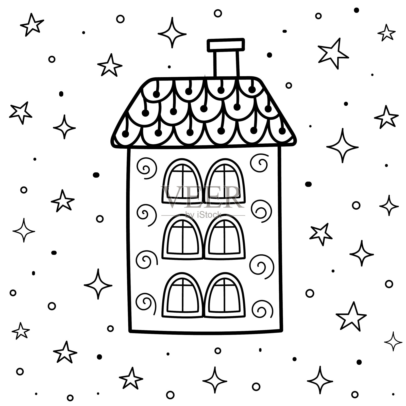 魔术涂色页与装饰屋在插画图片素材