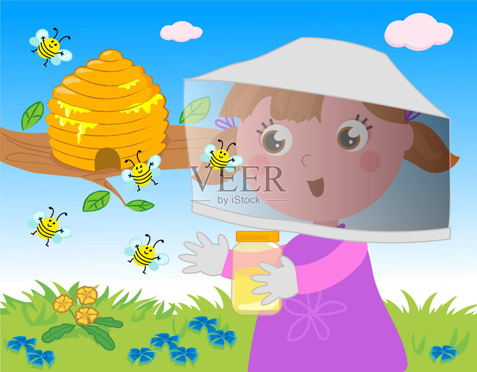 年轻的养蜂人和蜂巢插画图片素材