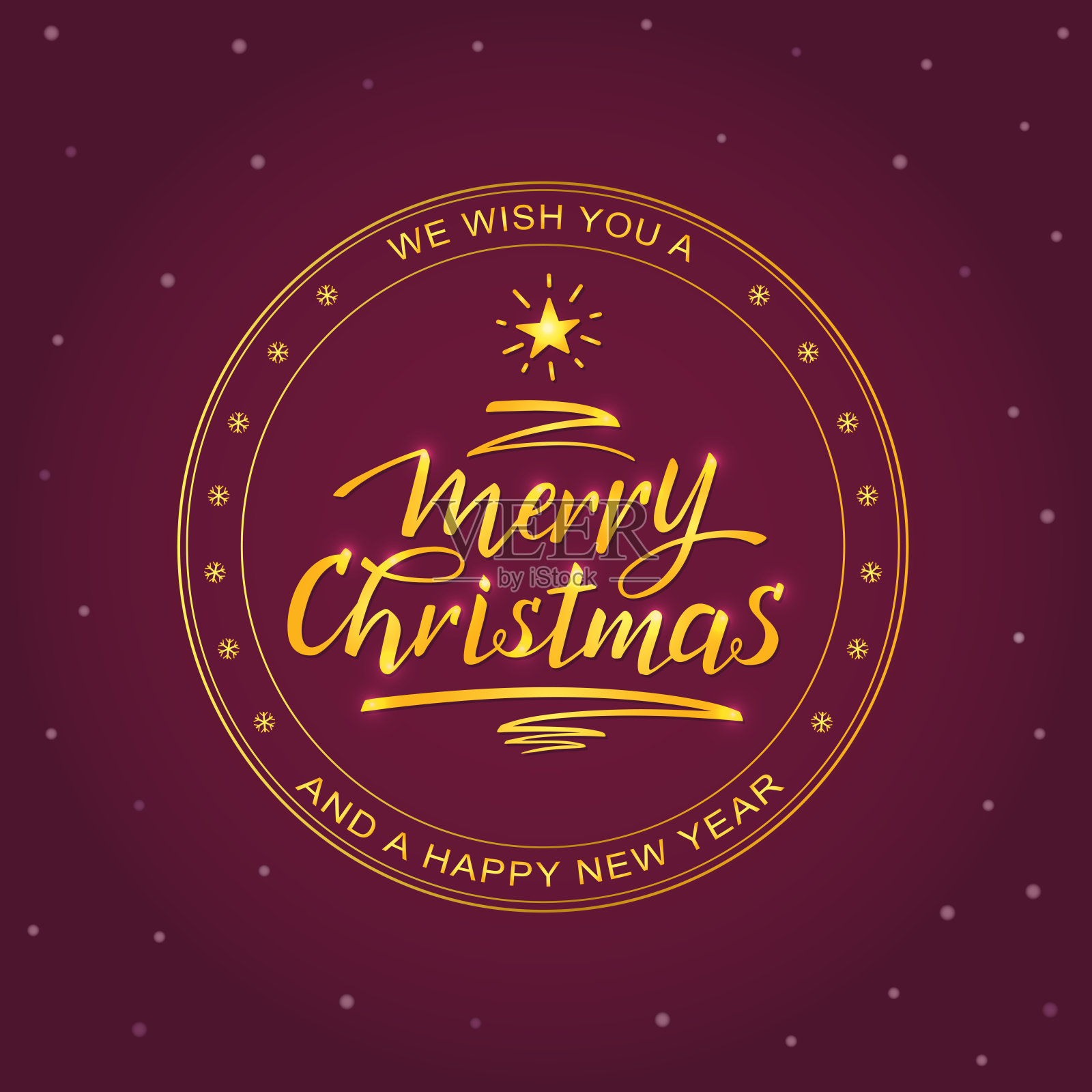 圣诞快乐，金色橡皮邮票。圣诞树上的一颗星星。手写的复古书法文字贺卡，邀请，网页，横幅，印刷，海报设计模板素材