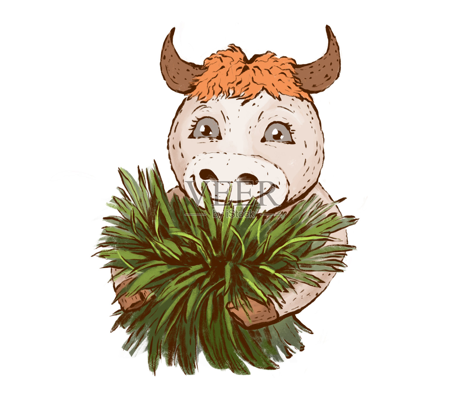 插图:一头快乐的金发母牛，红毛和角抱着一捧新鲜的绿色植物插画图片素材