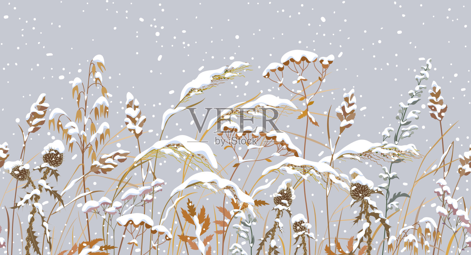 雪下有草本植物的无缝水平边缘插画图片素材