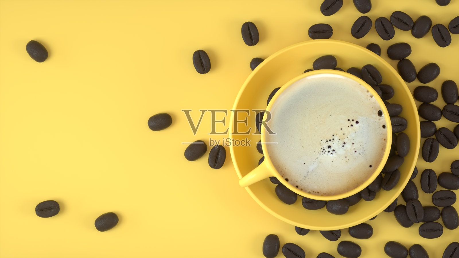 黄色背景的咖啡豆和马克杯照片摄影图片
