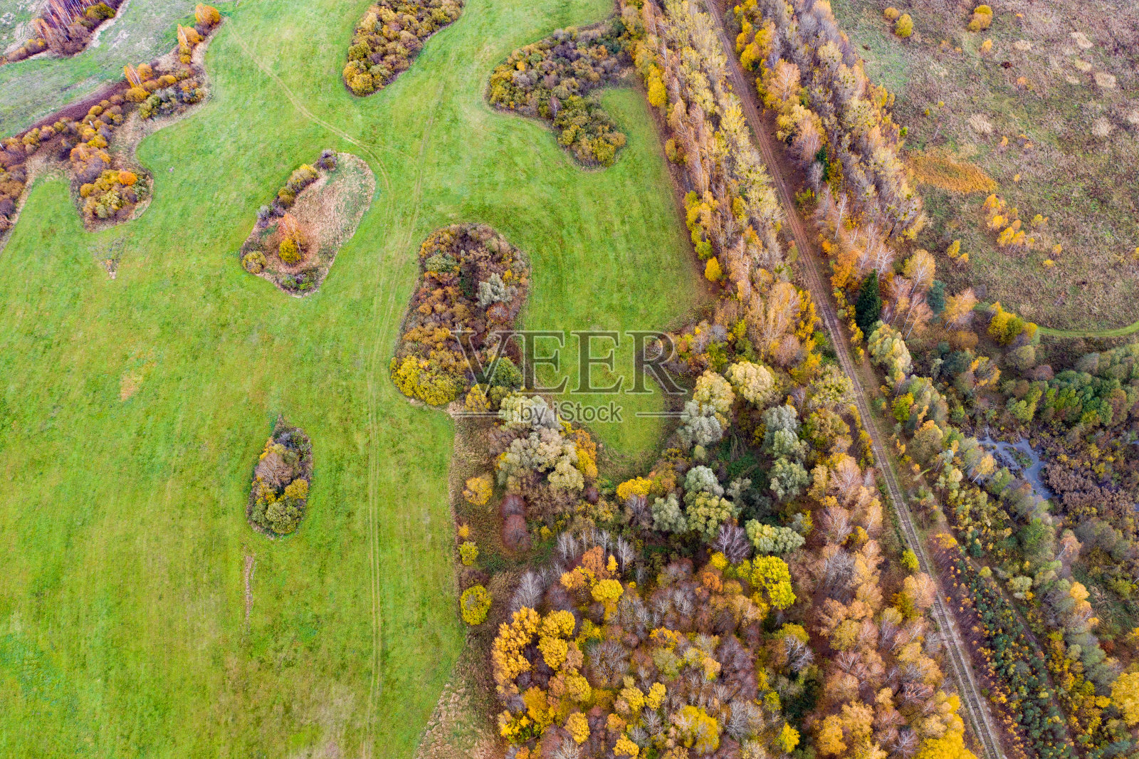 一条穿过绿色田野和秋天森林的道路，从上面俯瞰。照片摄影图片
