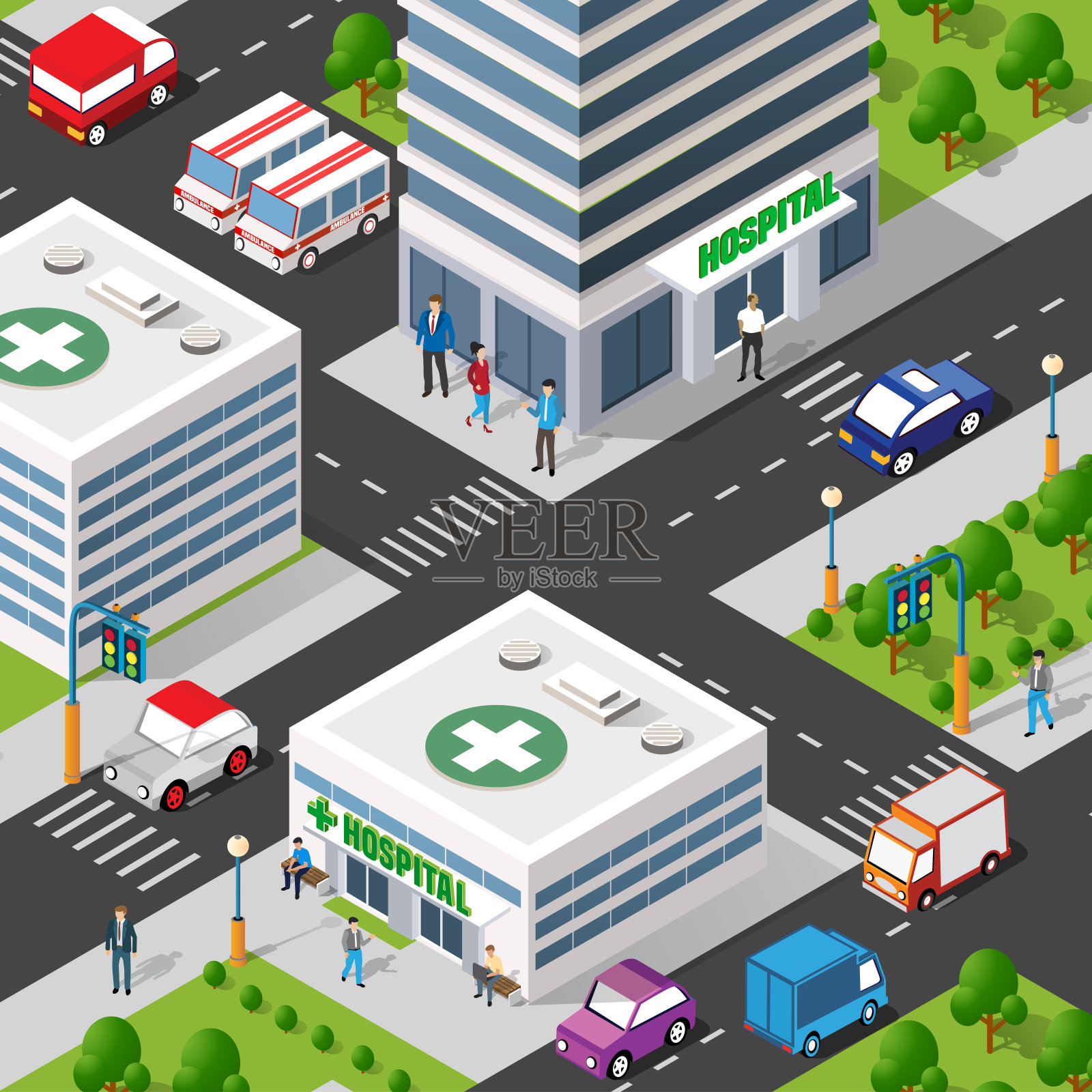 城市的等距3D插图与房屋插画图片素材