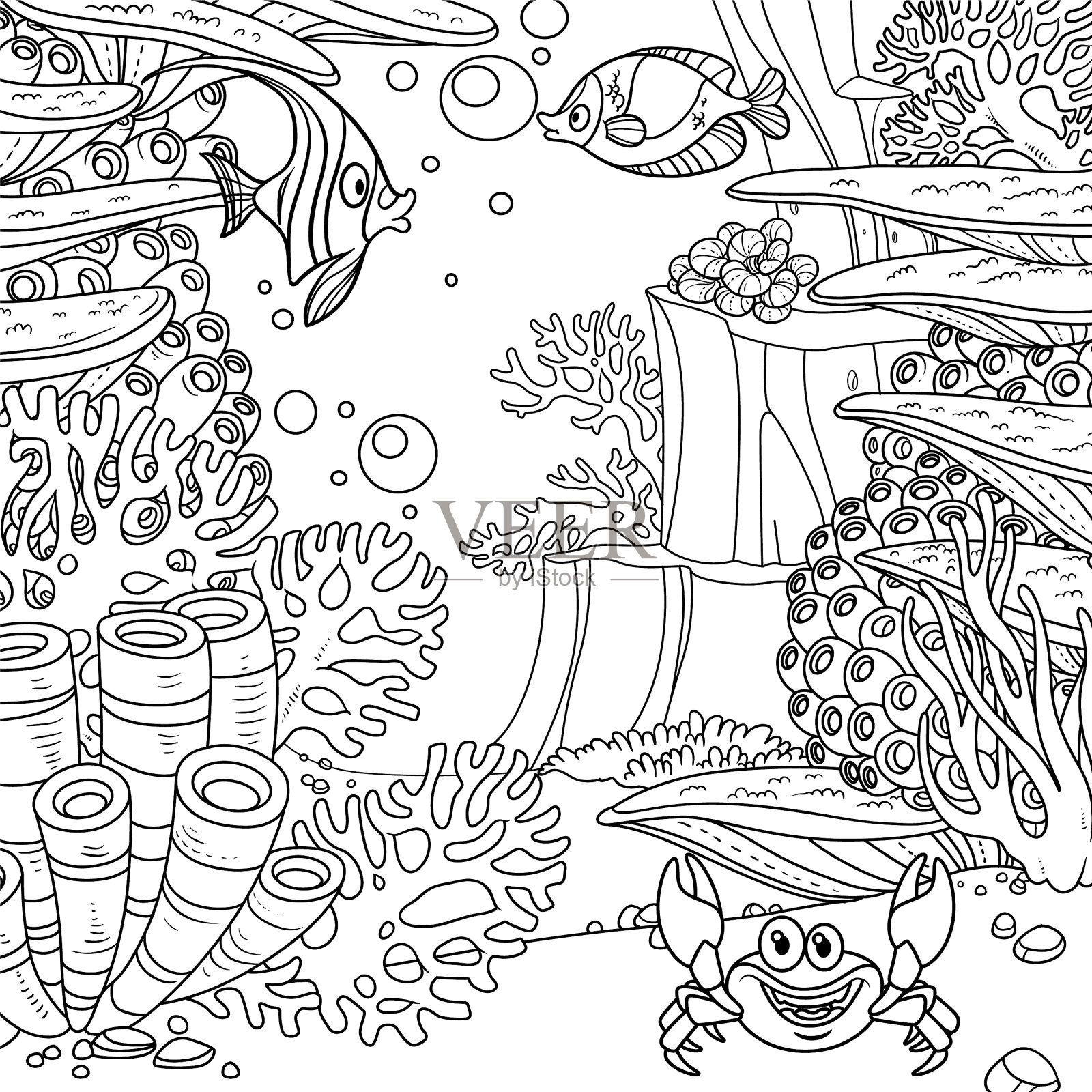 水下世界有鱼，蟹，珊瑚和插画图片素材