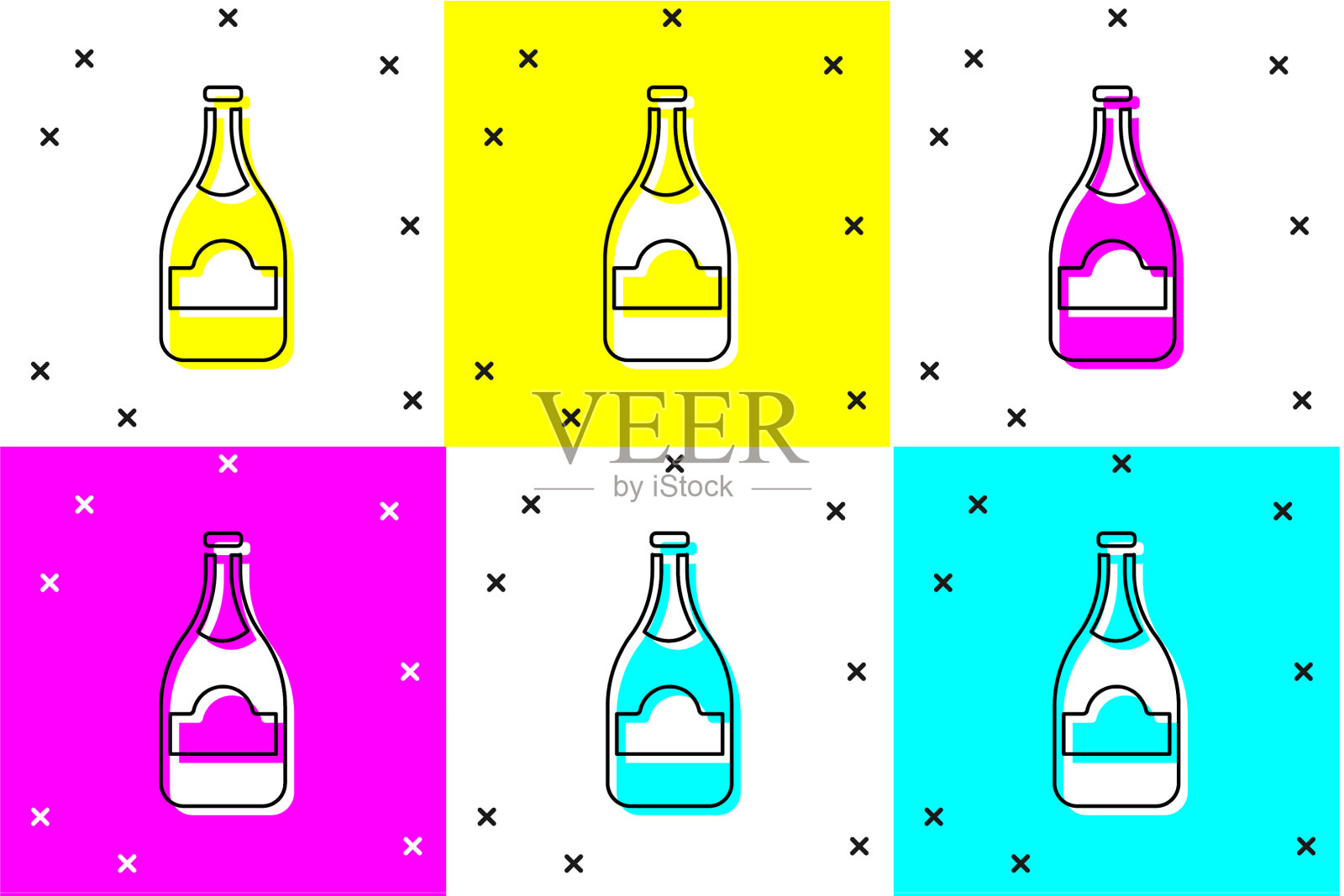 设置香槟瓶图标孤立的颜色图标素材