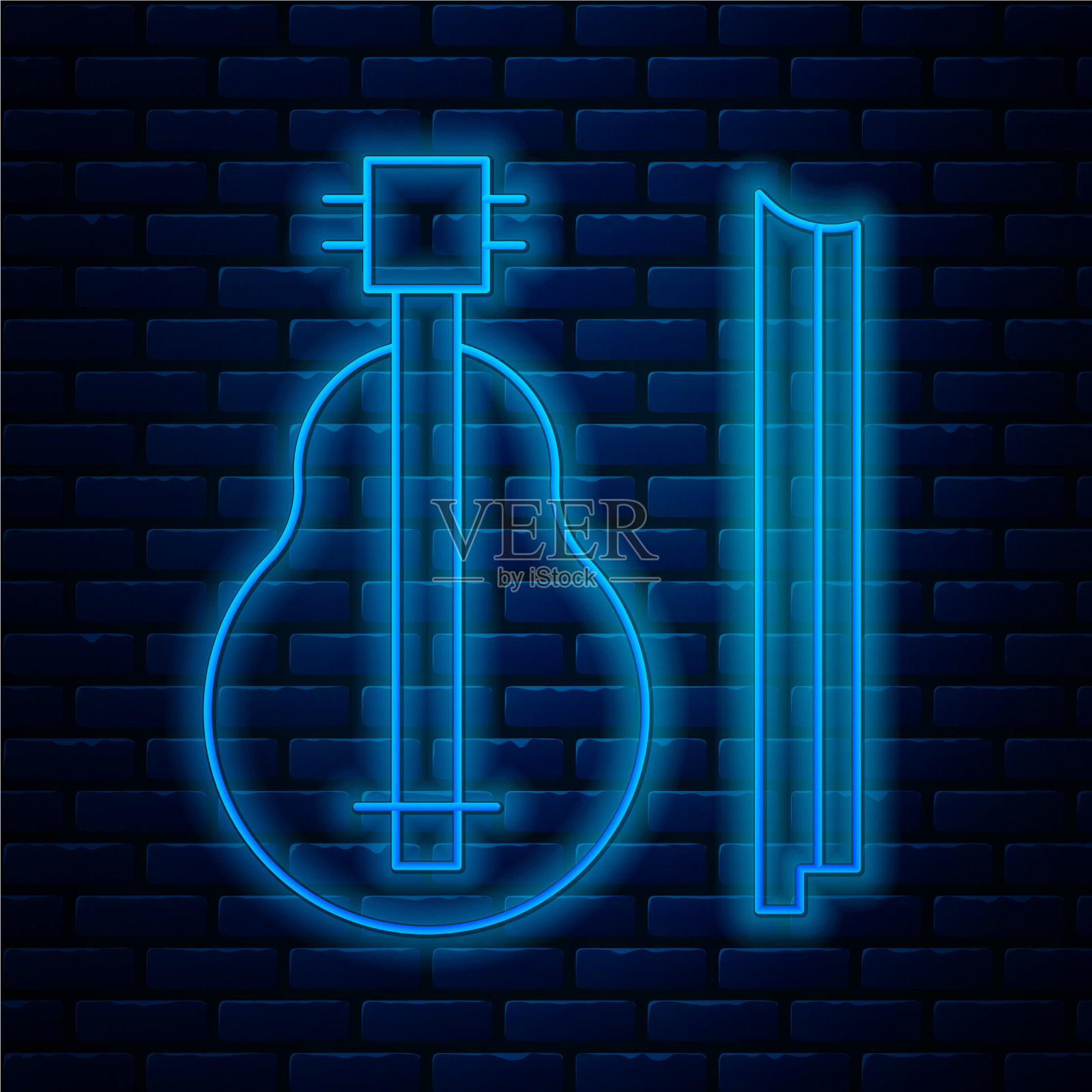 发光的霓虹灯线小提琴图标孤立在砖块上插画图片素材