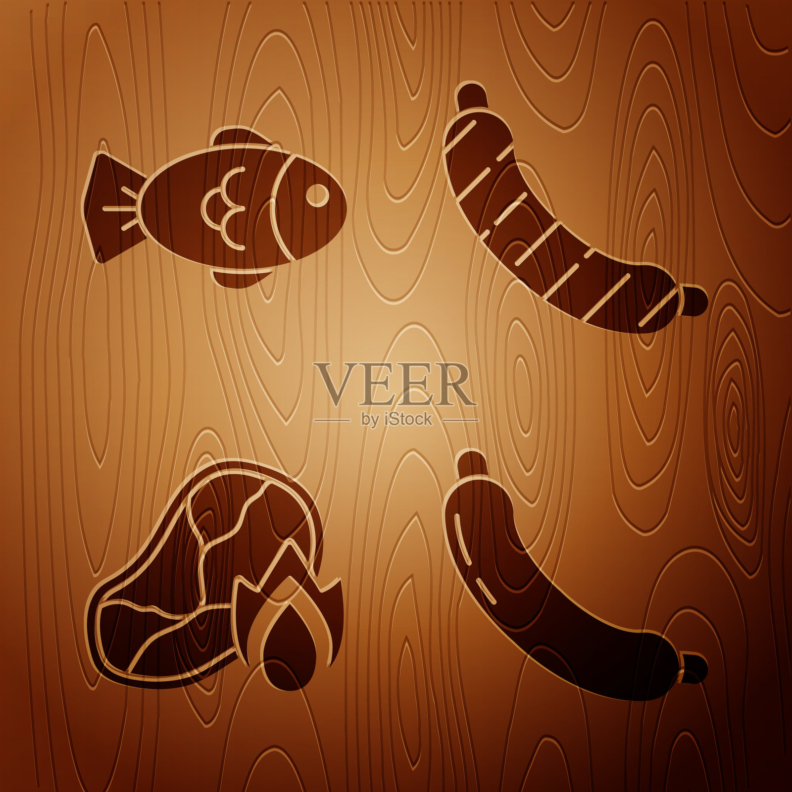 设置香肠鱼烤牛排肉和火图标素材