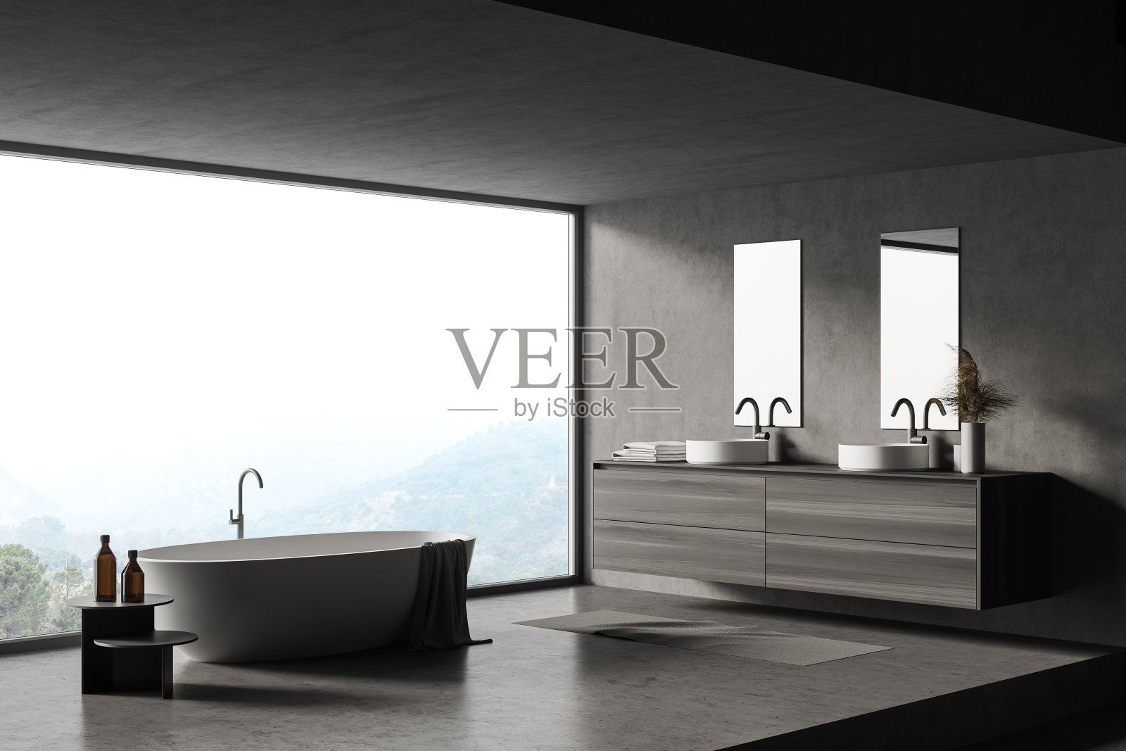 混凝土和深色木制浴室角落与浴缸和水槽照片摄影图片