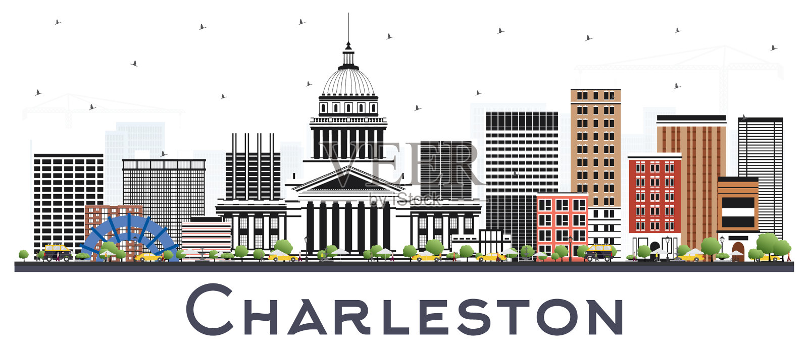 西弗吉尼亚州查尔斯顿市的天际线充满了色彩插画图片素材