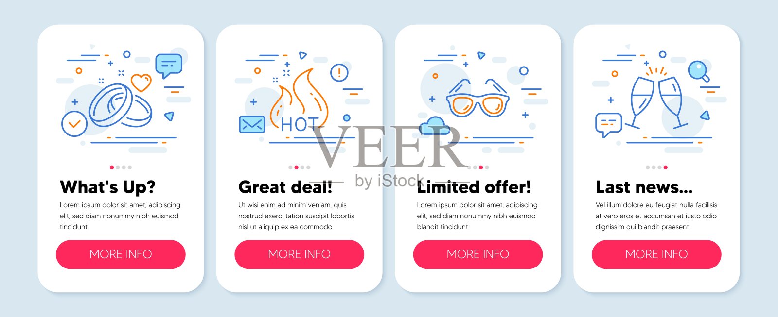 假日图标集，如结婚戒指，热卖，太阳镜符号。香槟酒杯线条图标。向量设计模板素材