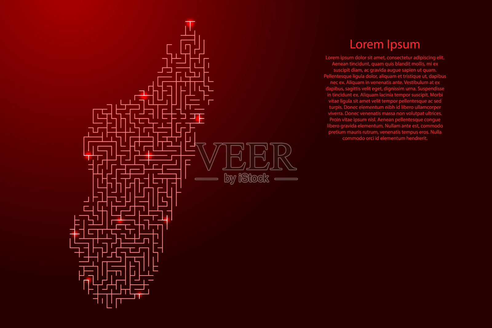 马达加斯加地图由红色的迷宫网格和发光的太空恒星网格组成。矢量插图。插画图片素材
