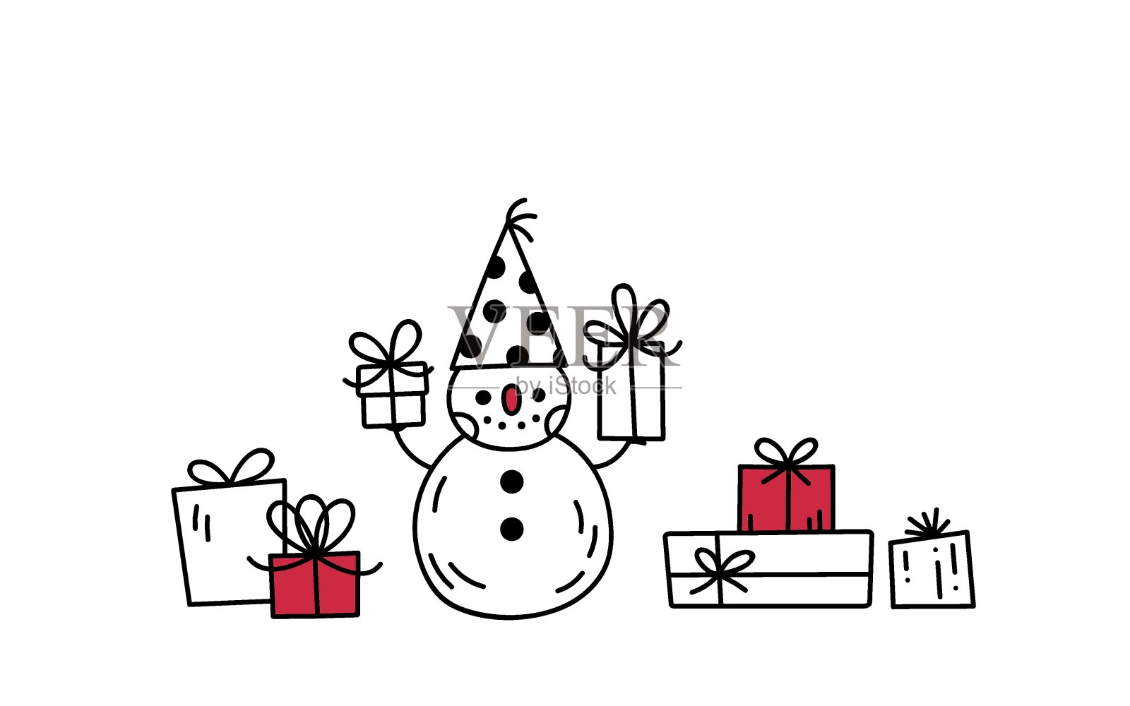 圣诞涂鸦雪人人物。快乐快乐的雪人拿着礼盒。插画图片素材