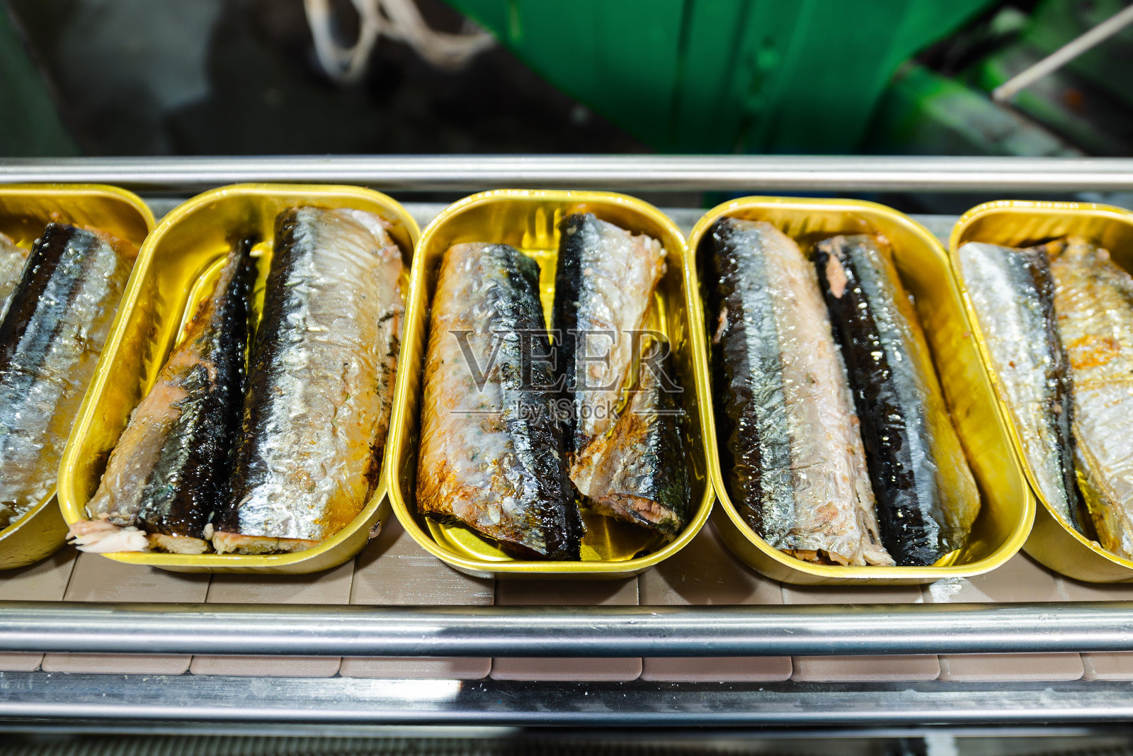 传送带上放着鱼的锡罐。照片摄影图片