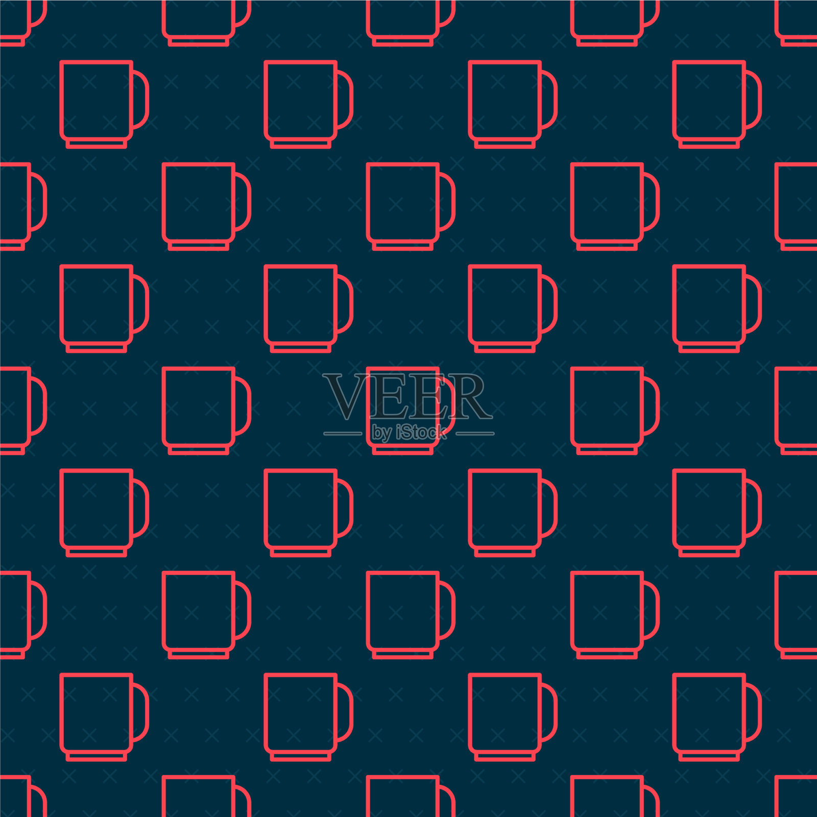 红色线条隔离咖啡杯图标无缝图案插画图片素材