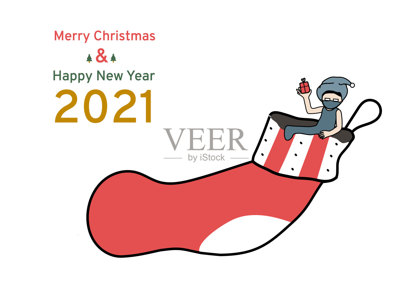 Gohan角色从圣诞袜中跳出来，带着礼物迎接新年快乐插画图片素材