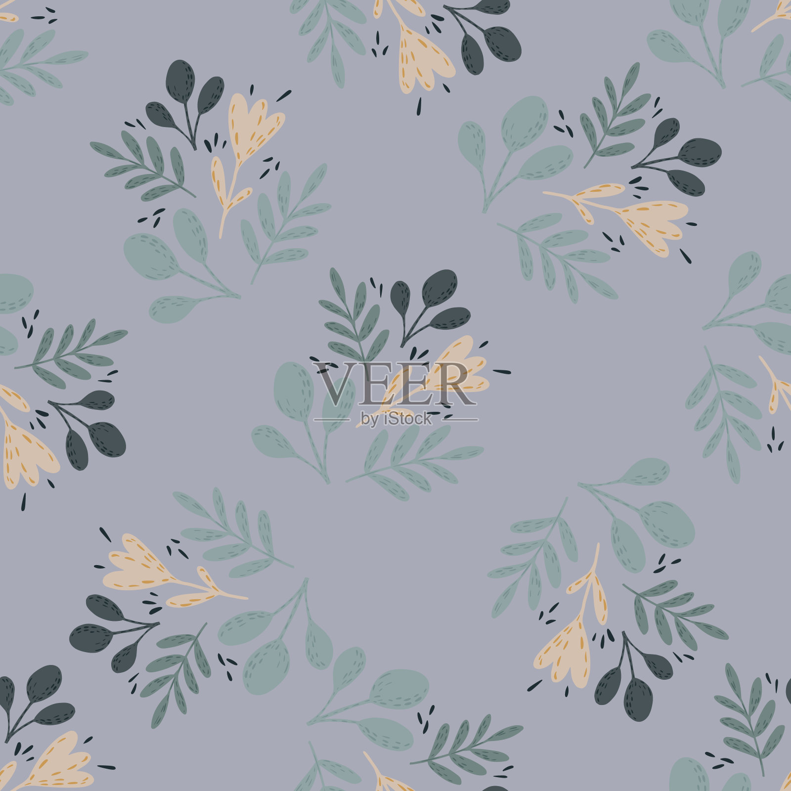 简单的装饰无缝图案与花卉涂鸦点缀。蓝色的叶子和花朵剪影。插画图片素材