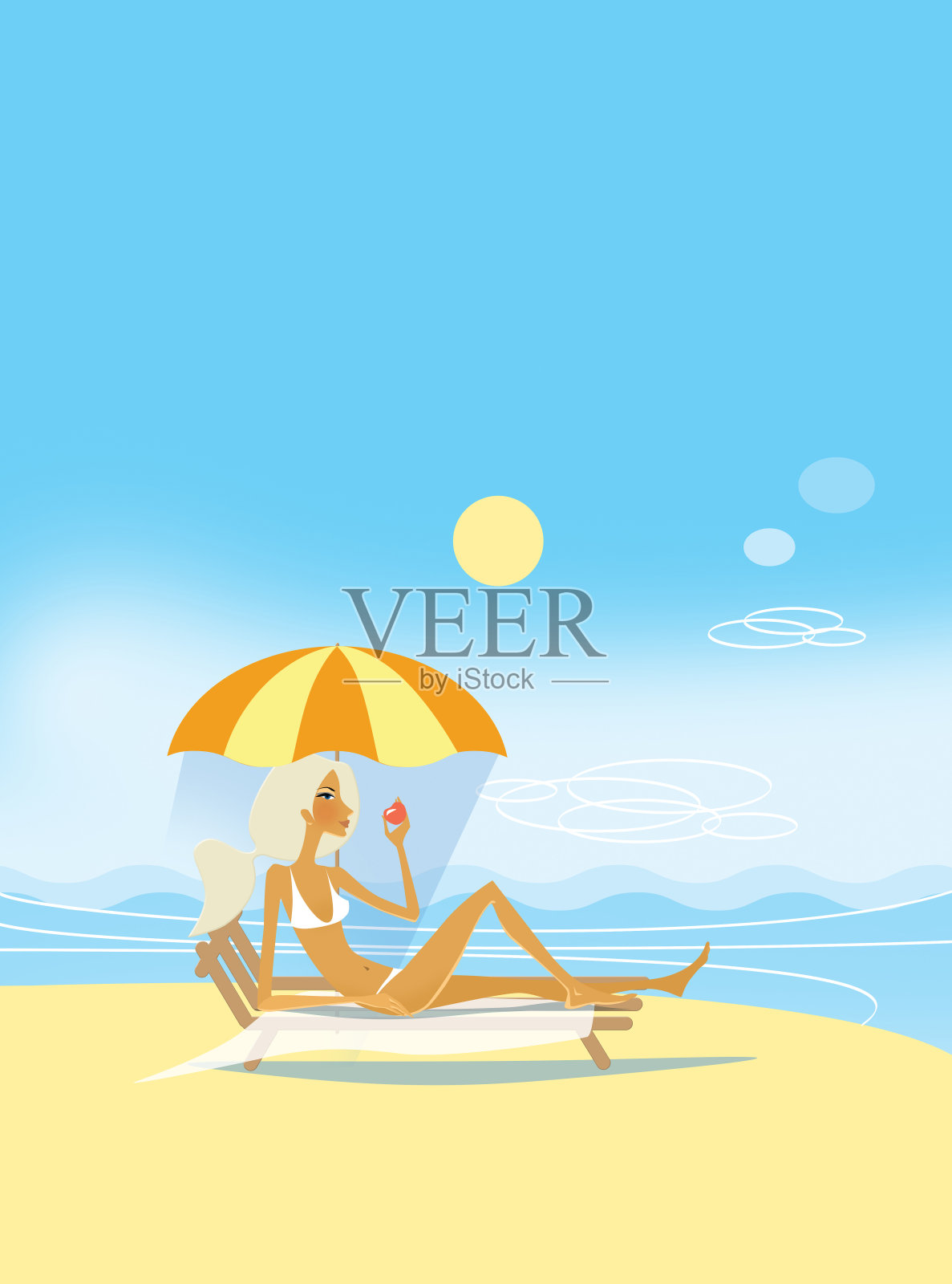 穿着泳衣，手里拿着苹果的女孩。在一个晴朗的阳光明媚的日子，躺在沙滩上的一把伞下的躺椅上。假期,休息。插图。插画图片素材