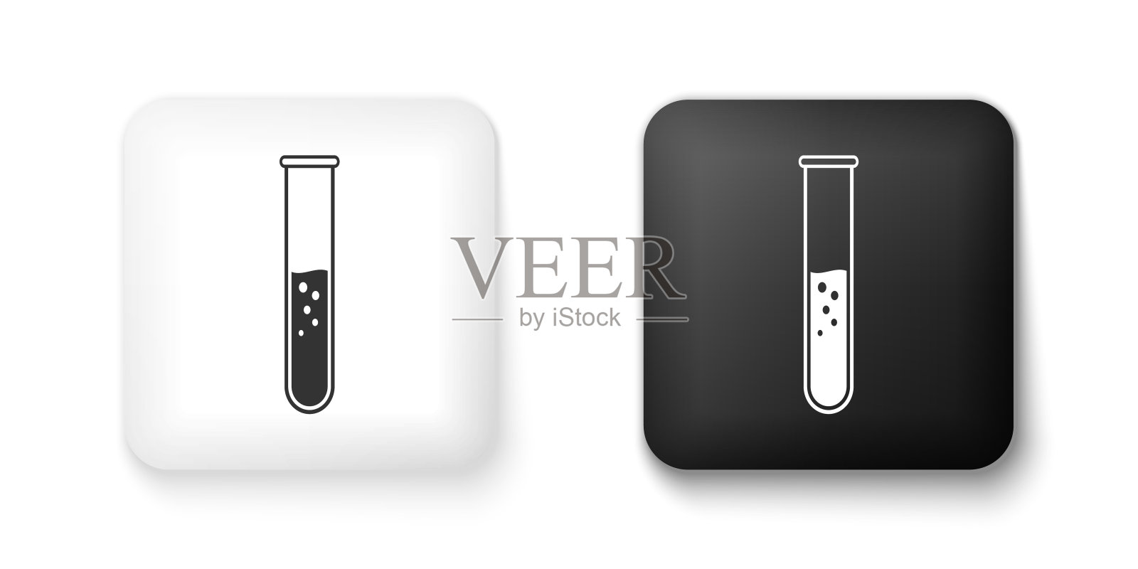 黑色和白色试管和烧瓶-化学实验室测试图标隔离在白色背景上。方形按钮。向量图标素材