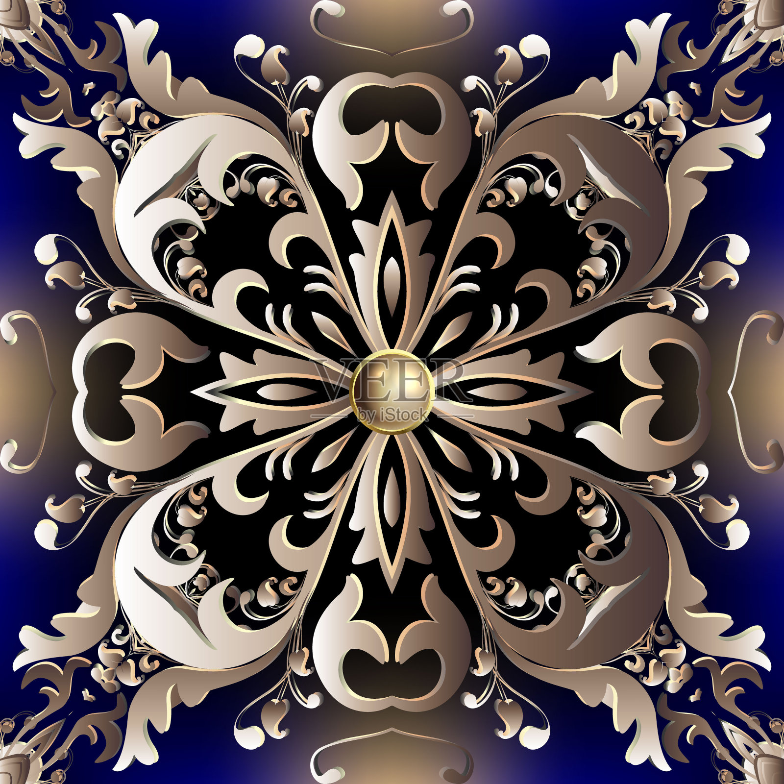 黄金巴洛克3d无缝图案。花的观赏载体，大马士革的背景。重复豪华珠宝背景。古董花，树叶，纽扣，宝石。美丽的饰品。华丽优雅的设计插画图片素材