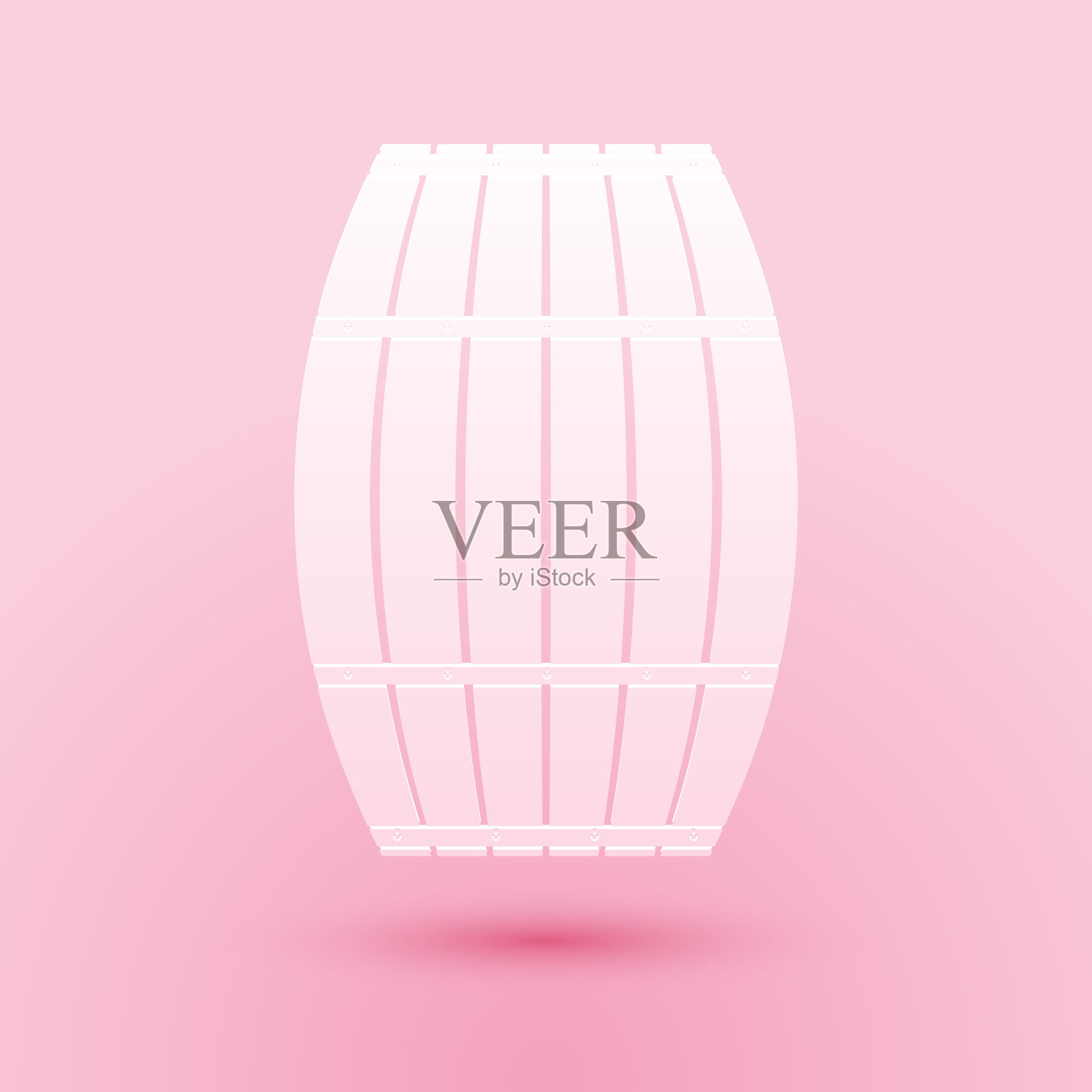 剪纸木桶图标孤立在粉红色的背景。酒桶，饮料容器，啤酒，威士忌，葡萄酒的木桶。纸艺术风格。向量插画图片素材