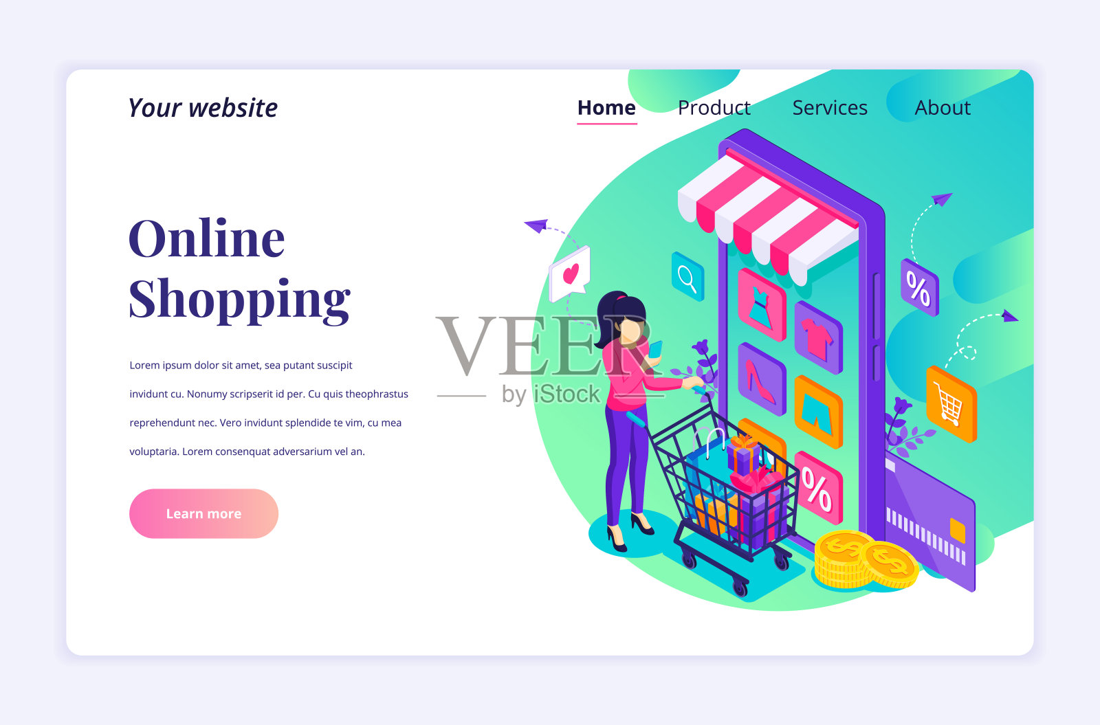 现代平面等距设计理念的网上购物。在手机应用商店为网站和手机网站购买产品的年轻女性。着陆页模板。矢量图设计模板素材