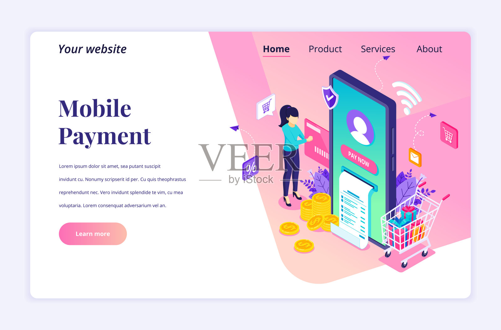 现代平面等距设计理念的在线支付、转账。一位年轻女子正在为网站和手机网站进行在线交易。着陆页模板。矢量图设计模板素材