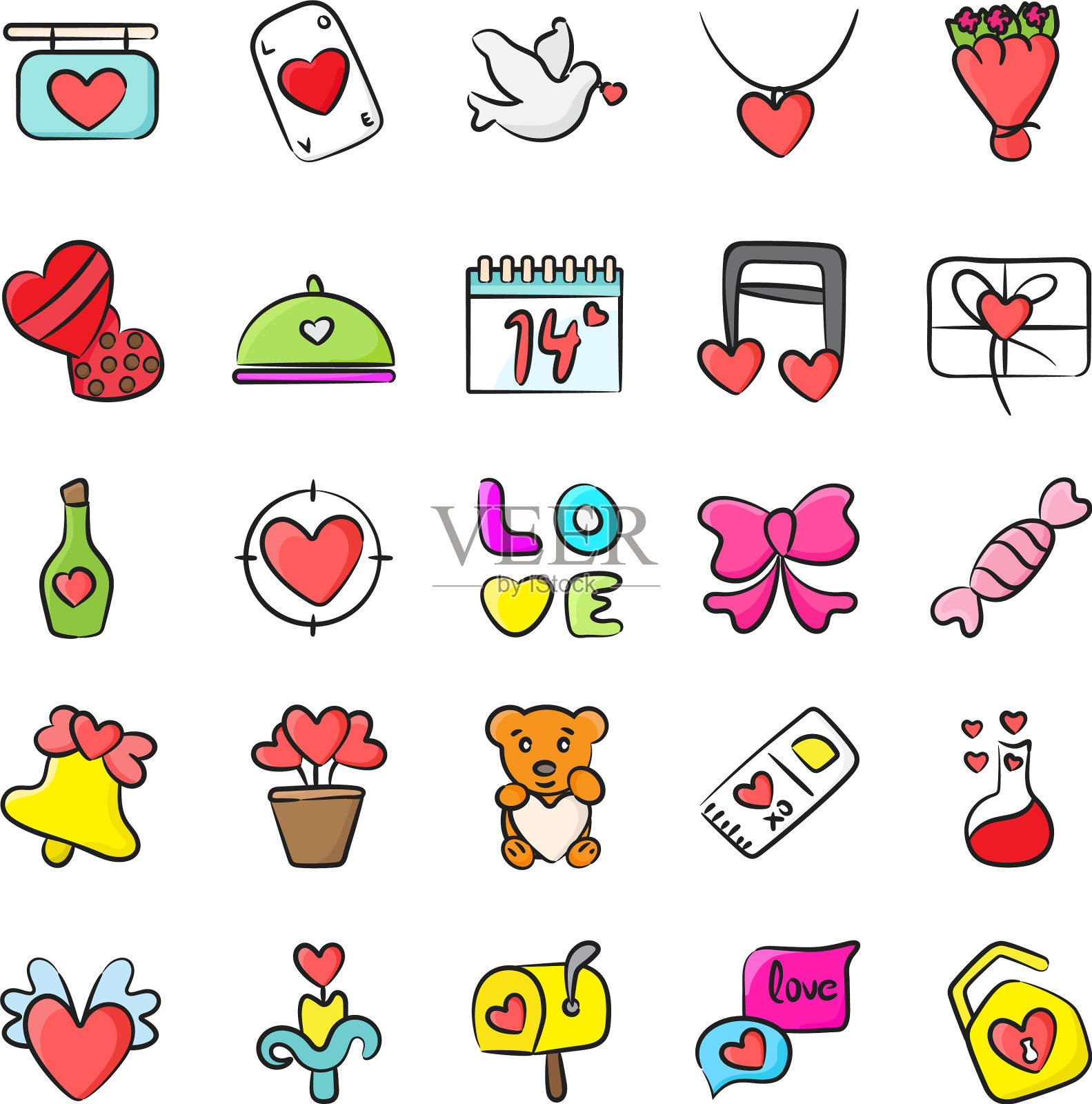 爱情和情人节平面元素的涂鸦风格插画图片素材