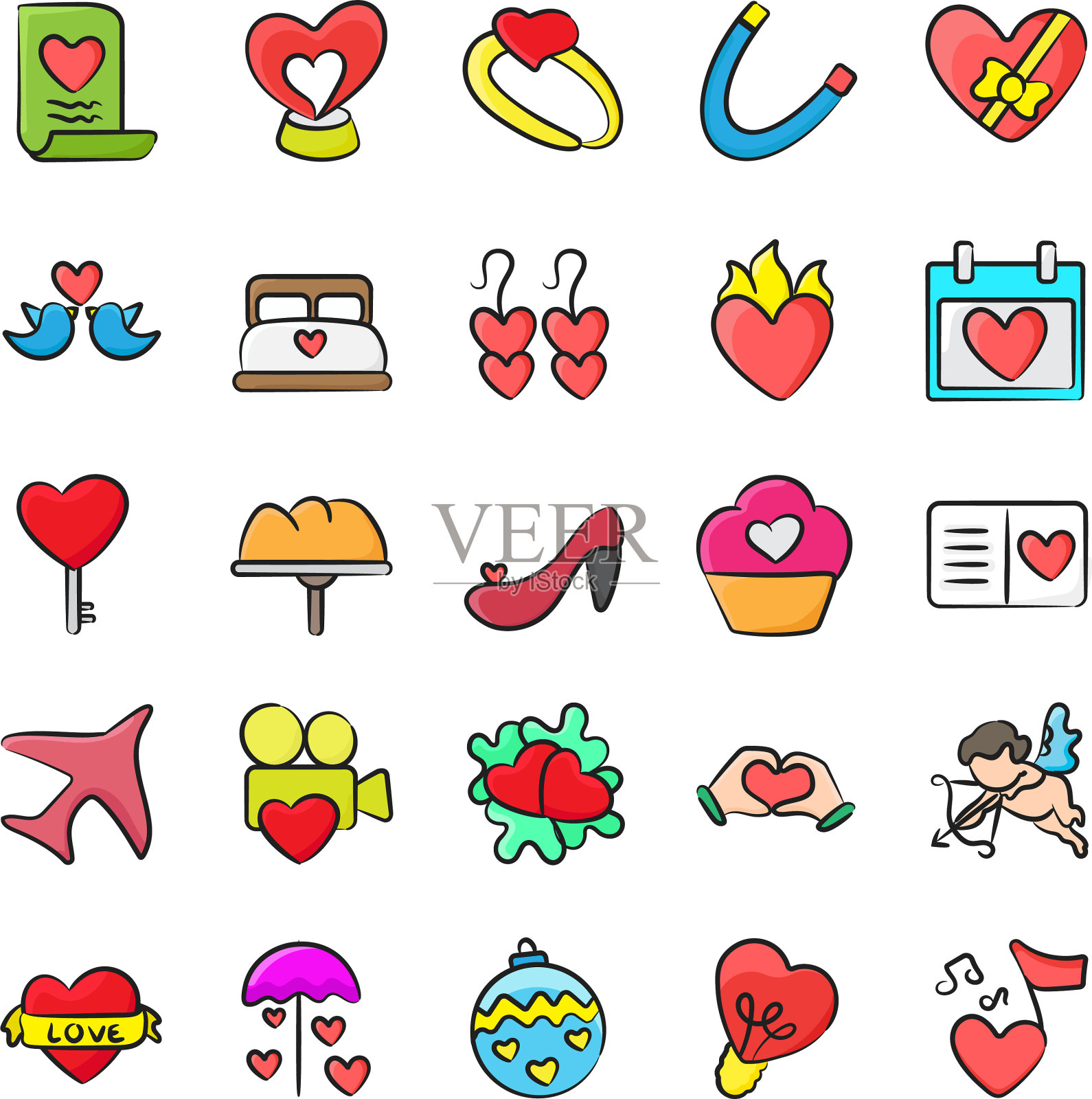 婚礼和爱在涂鸦风格的平面元素插画图片素材