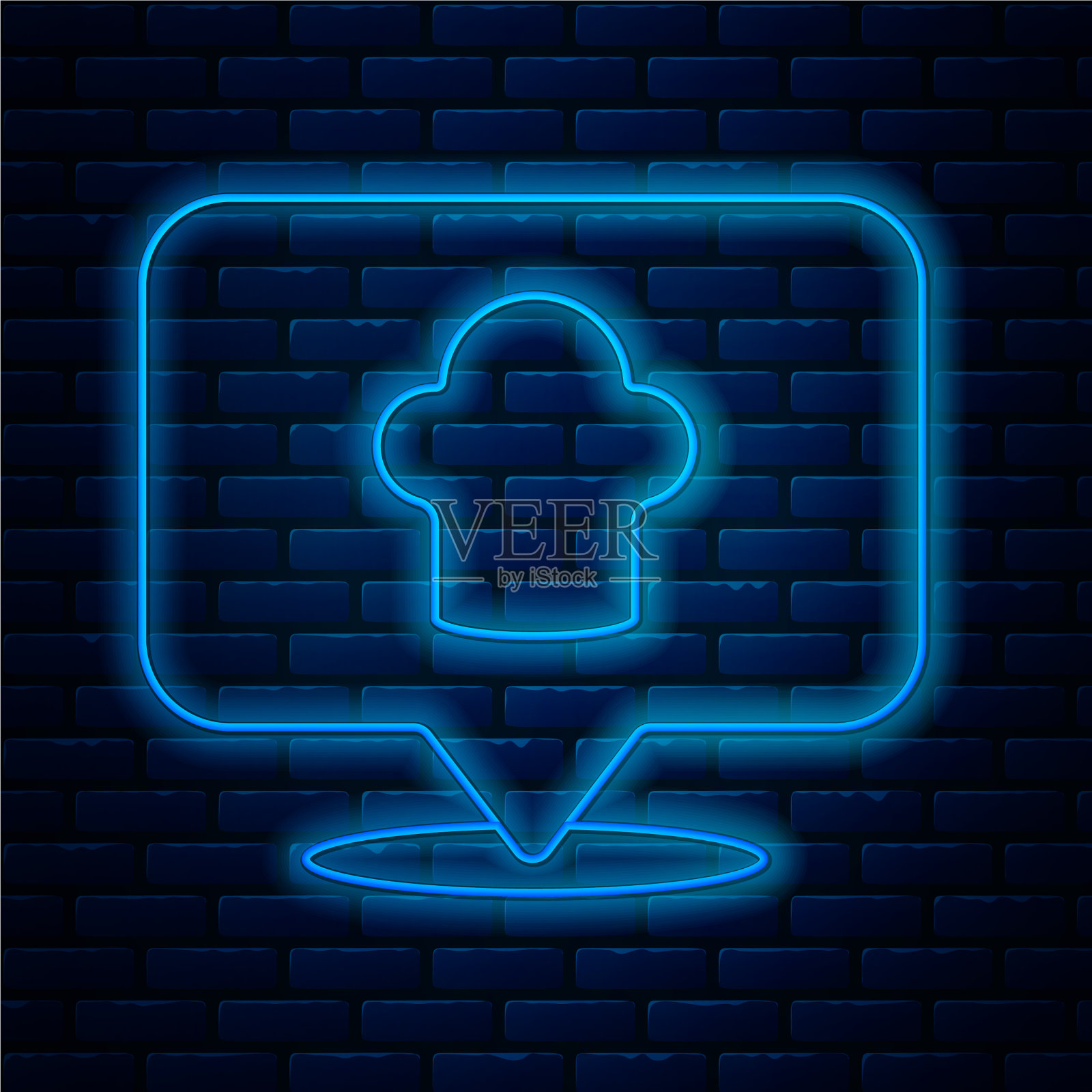 发光的霓虹灯线厨师帽与位置图标插画图片素材