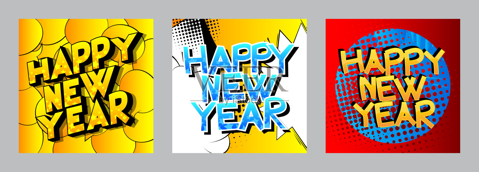 创造性的新年快乐节日设计卡在漫画书的背景。设计模板素材