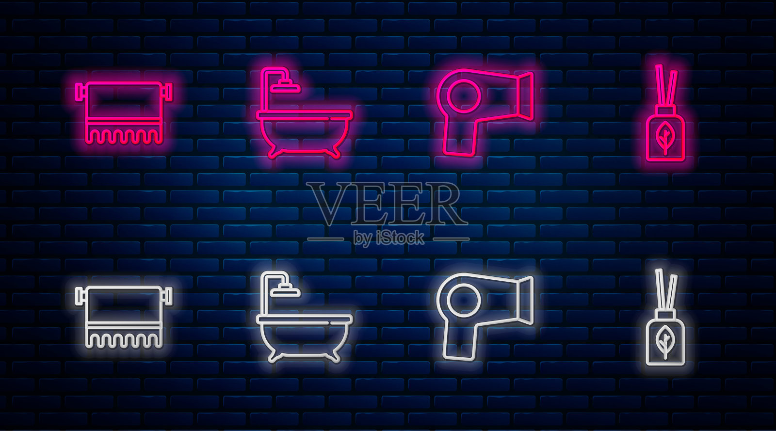 设置浴缸，吹风机，毛巾挂衣架和香薰。砖墙上发光的霓虹灯图标。向量插画图片素材