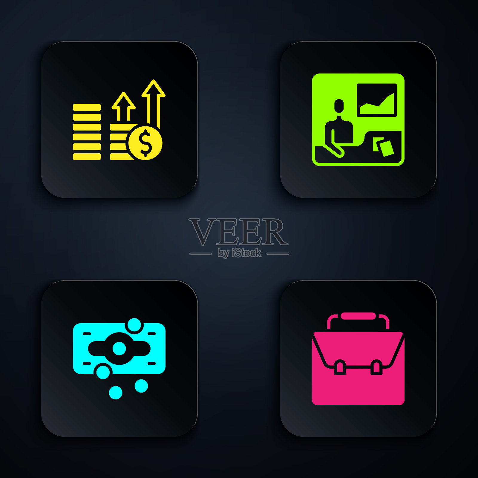 设置公文包，金融增长和美元，堆栈纸币现金和交易课程。黑色方形按钮。向量图标素材