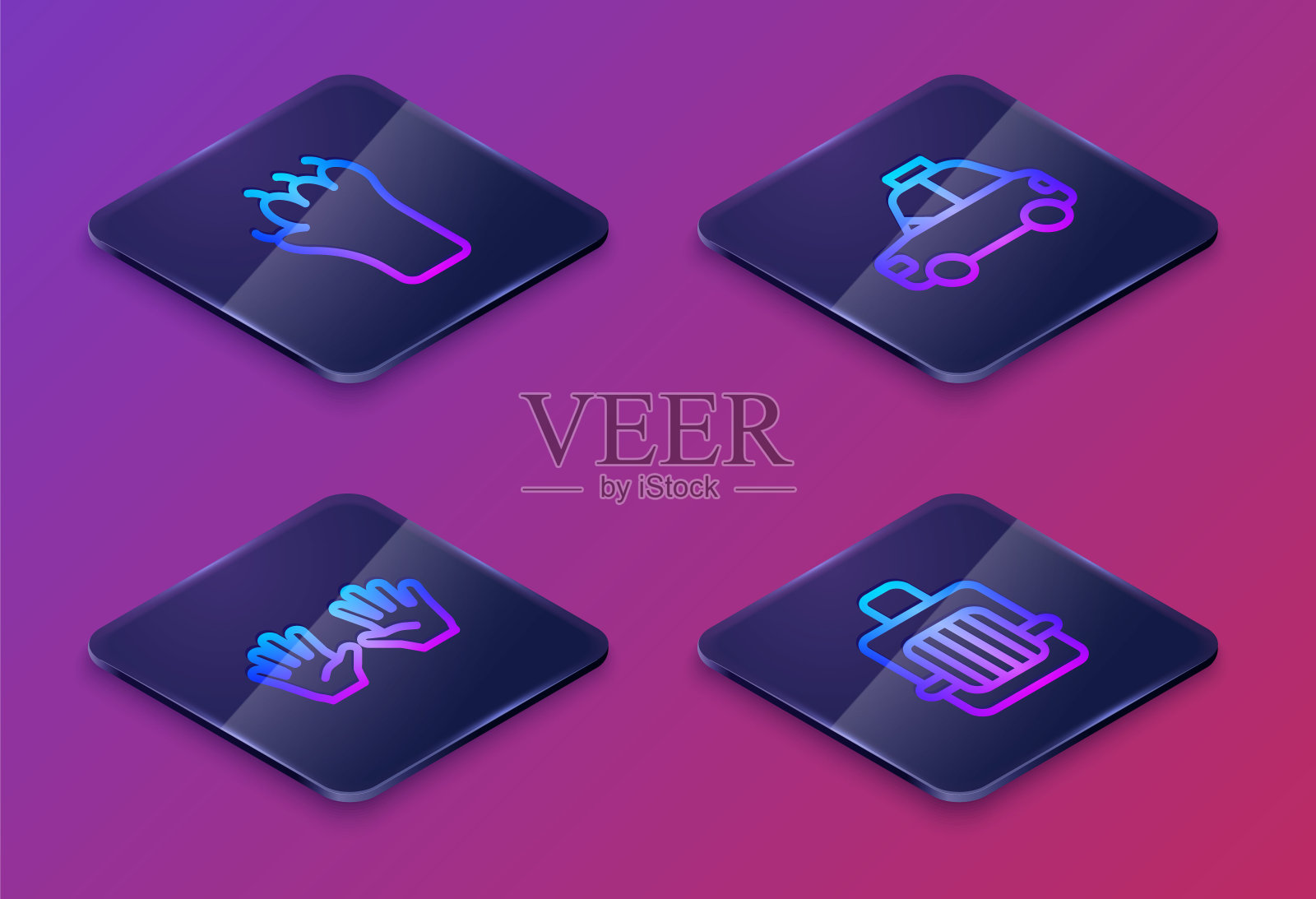 设置等距线爪印，医用橡胶手套，宠物车出租车和手提箱。蓝色方块按钮。向量图标素材